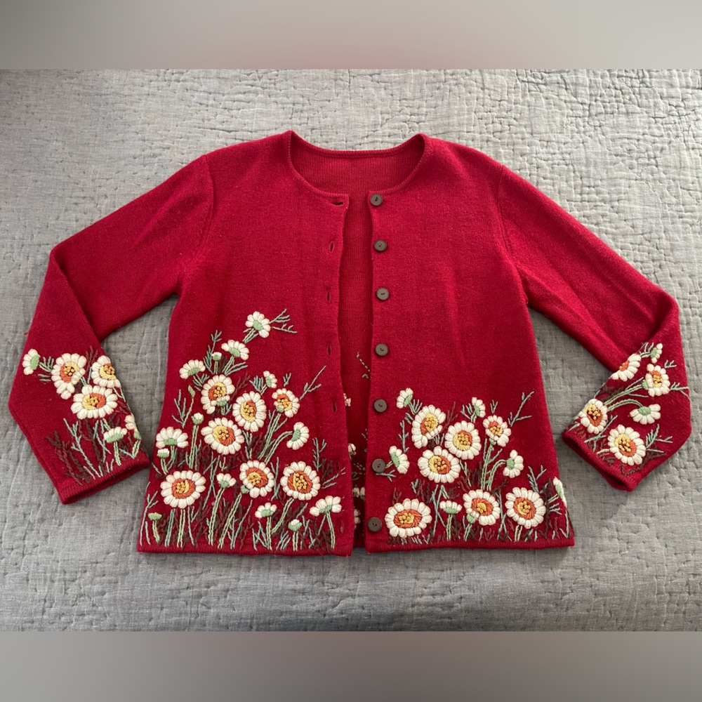 Vintage WOOL Susan Bristol Cardigan Sweater L/XL Hand Embroidered Red Floral HTF